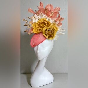 Coral and mustard yellow Floral Fascinator